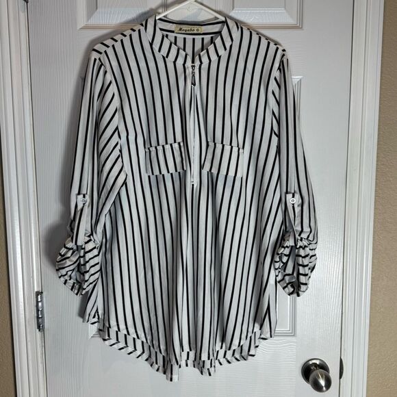 Moyabo Tops - Moyabo Women’s 2XL Long Sleeve Blouse Black and White Striped
